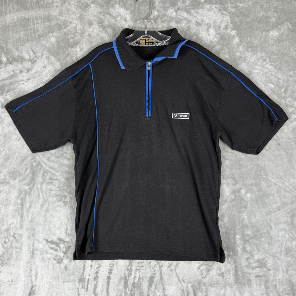 VTG V Sport Men's Black Blue Trim 1/4 Zip Polo Shirt Casual Athletic
